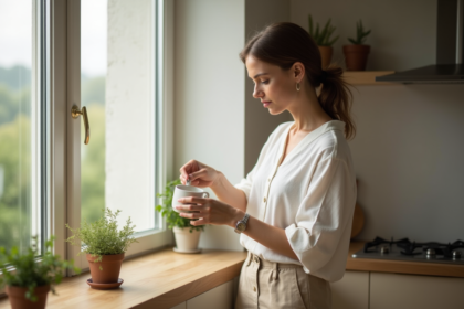 Femme en blouse blanche verse du thé dans une tasse dans une cuisine lumineuse