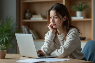 Femme concentrée dans son bureau à domicile avec ordinateur