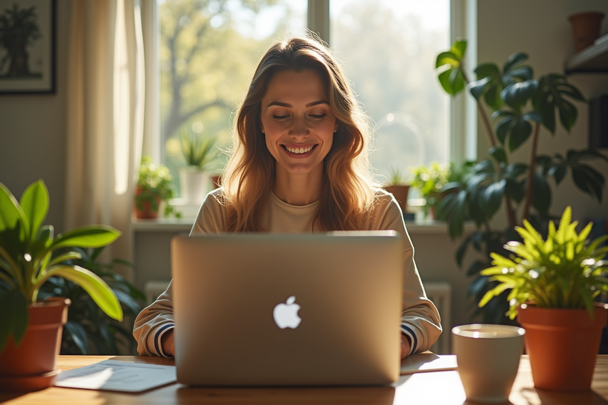 Femme confiante travaillant à domicile sur son ordinateur portable