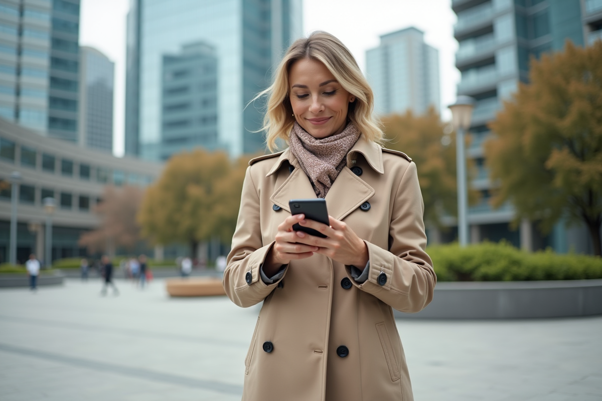 Femme en trench dans une place urbaine moderne