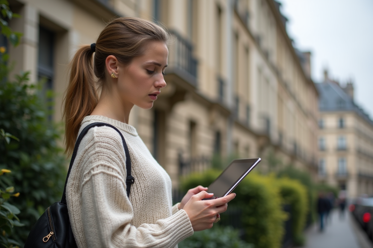 Jeune femme urbaine regardant une tablette dans la rue