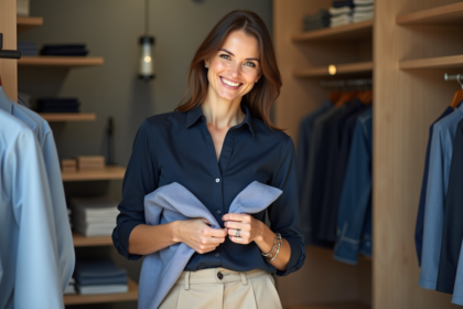 Femme confiante examinant un vêtement dans une boutique moderne