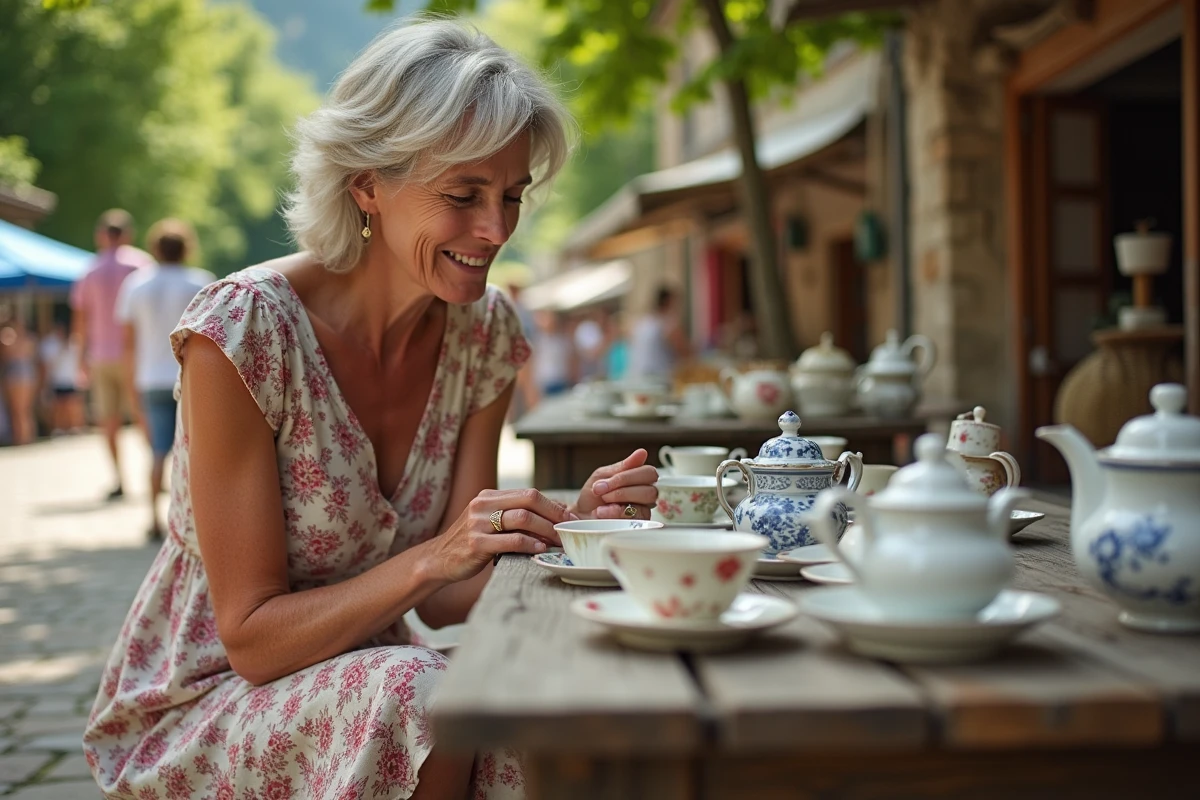 Femme examinant des tasses en porcelaine vintage au vide grenier
