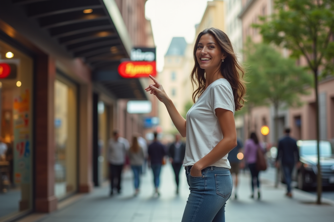Femme souriante pointant un panneau de magasin urbain
