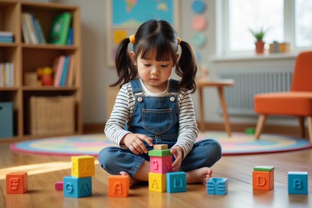 Jeune fille curieuse joue avec des blocs dans une classe