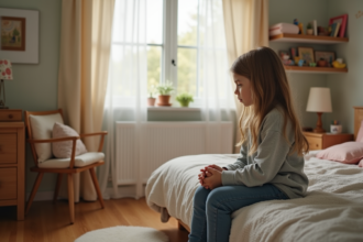 Jeune fille assise sur le lit dans une chambre douce et intime