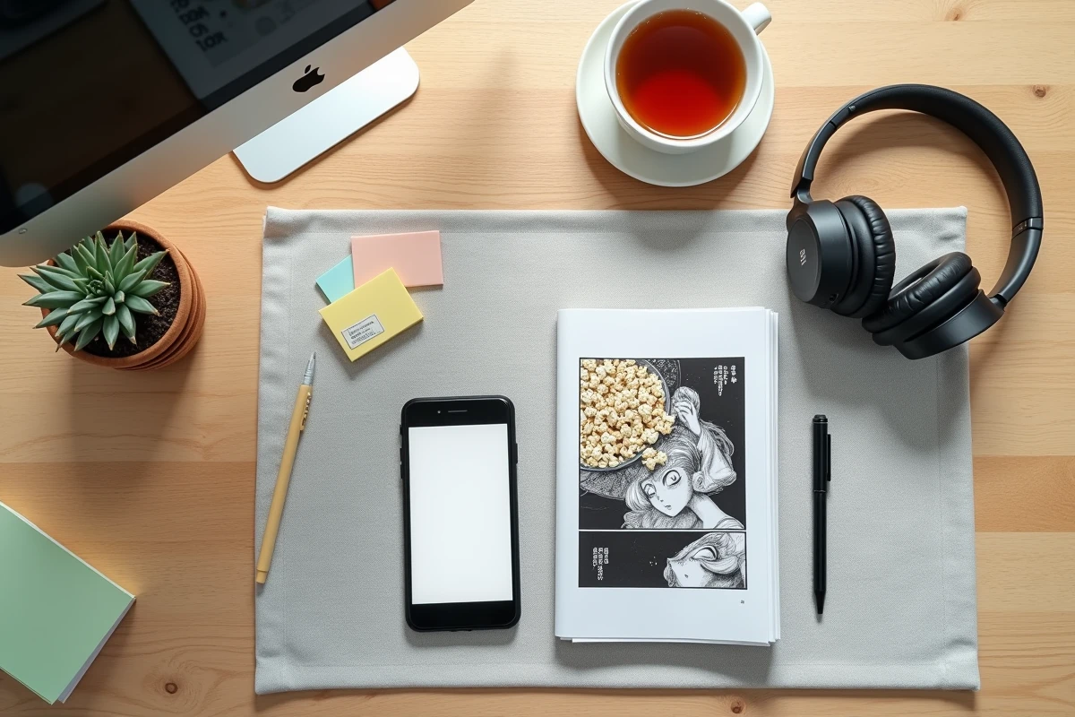 Vue de dessus d'un bureau organisé pour une session de lecture manga One Punch Man avec smartphone, snacks et casque audio