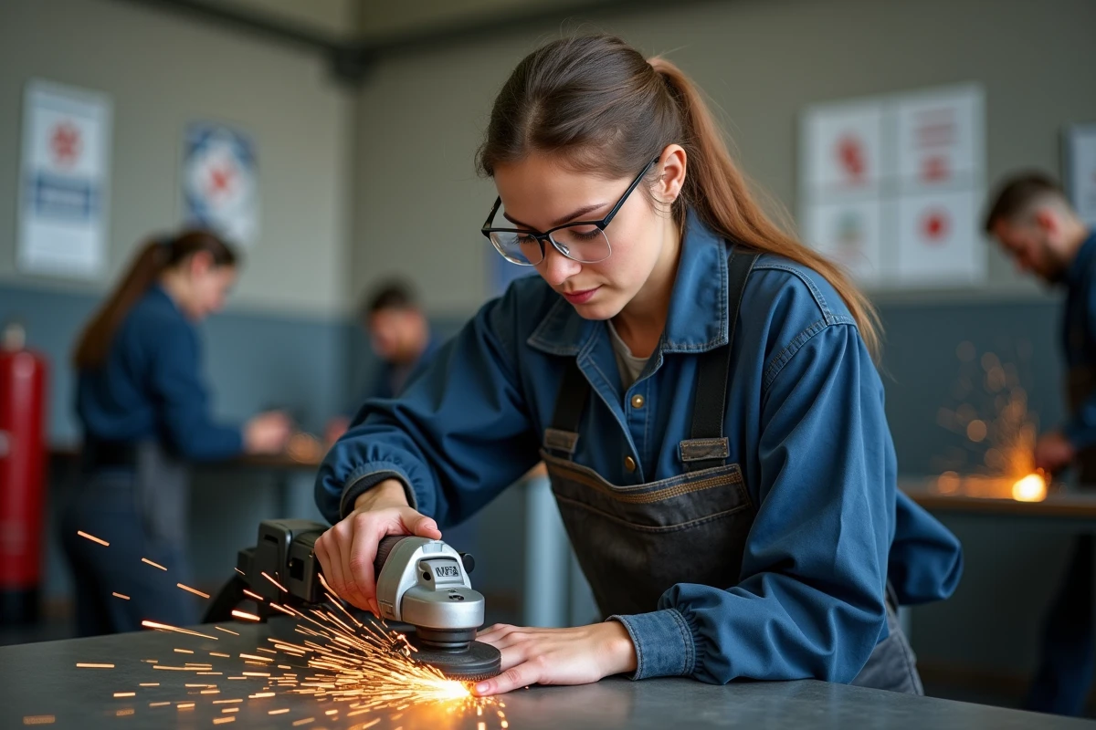 Femme débutante en formation soudure corrigeant un défaut de cordon à la meuleuse dans un atelier pédagogique