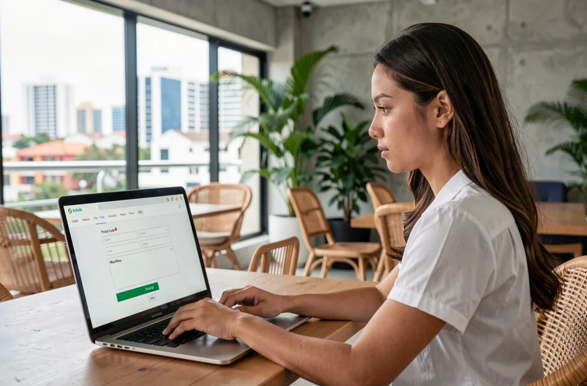 Jeune femme remplissant un formulaire d'expédition en ligne avec le code postal de Port Louis, Maurice