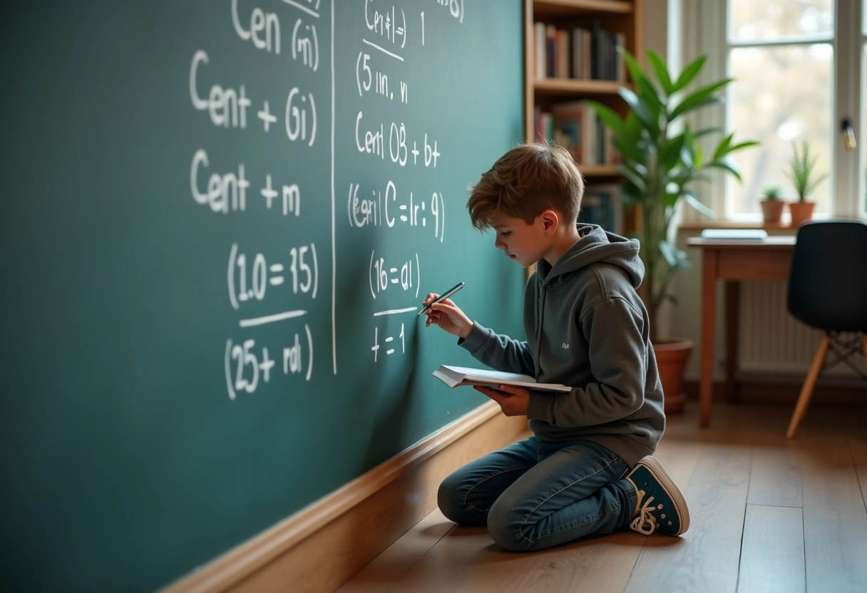 Adolescent convertissant des centimètres en mètres sur un tableau