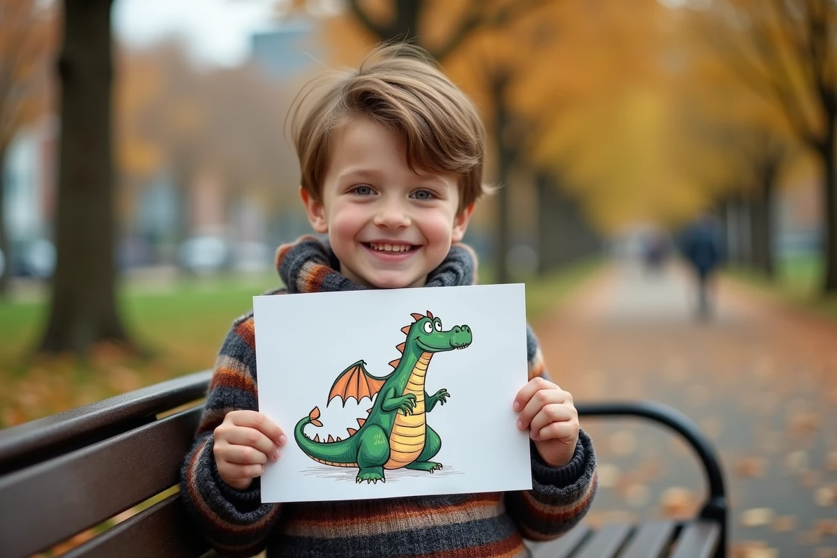 Garçon de dix ans montrant son dessin de Dracaufeu en plein air