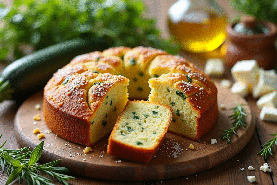 Gâteau de courgette et feta tranché sur planche en bois