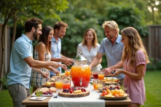 Bols de punch colorés entourés d'amis dans un jardin ensoleillé