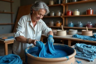 Tissu coloré après teinture avec des techniques variées et créatives