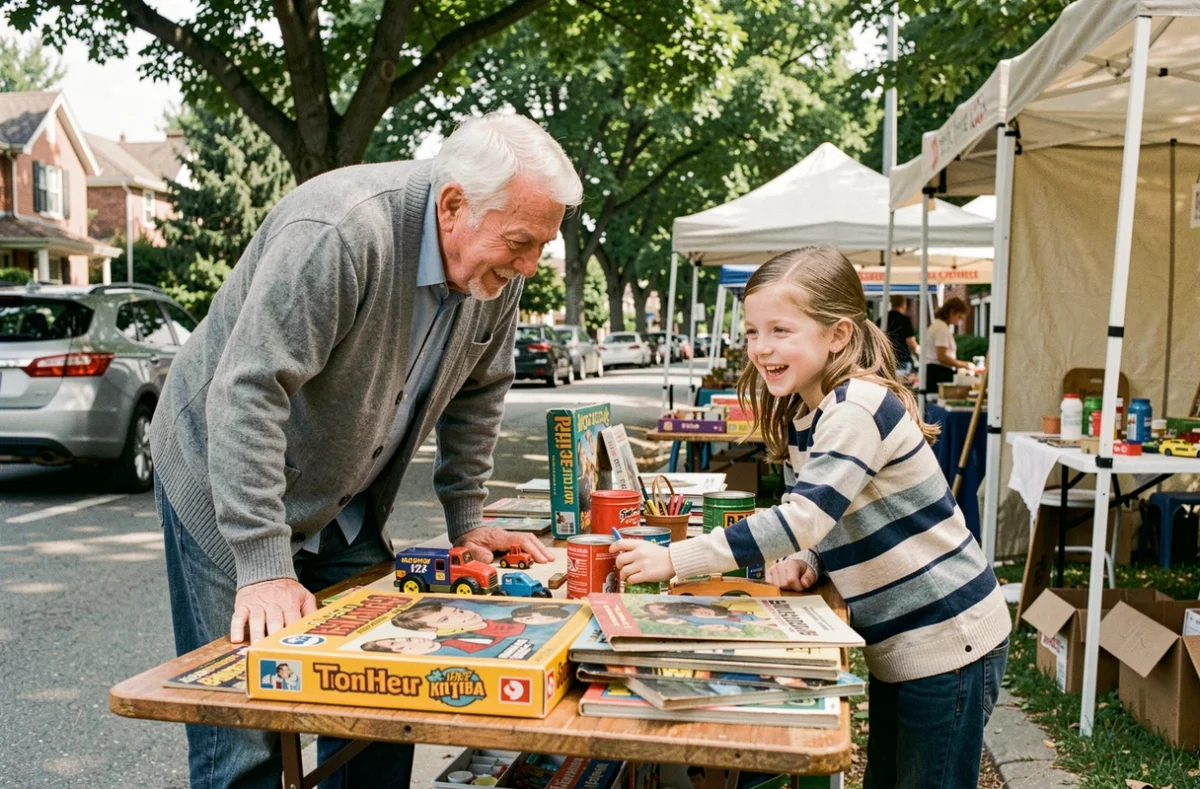 Grand-père et petite-fille explorant ensemble les stands d'un vide grenier de quartier
