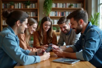 Groupe de quatre adultes jouant à un jeu sur smartphone dans un salon chaleureux
