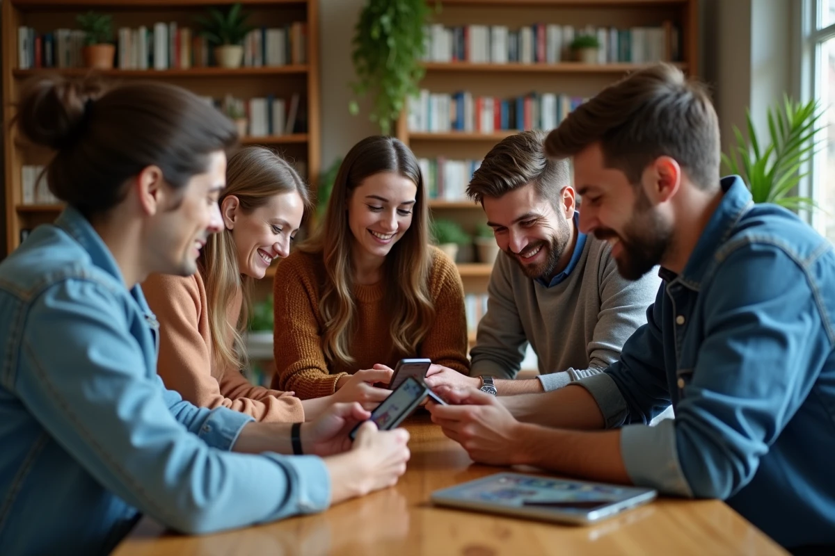 Groupe de quatre adultes jouant à un jeu sur smartphone dans un salon chaleureux