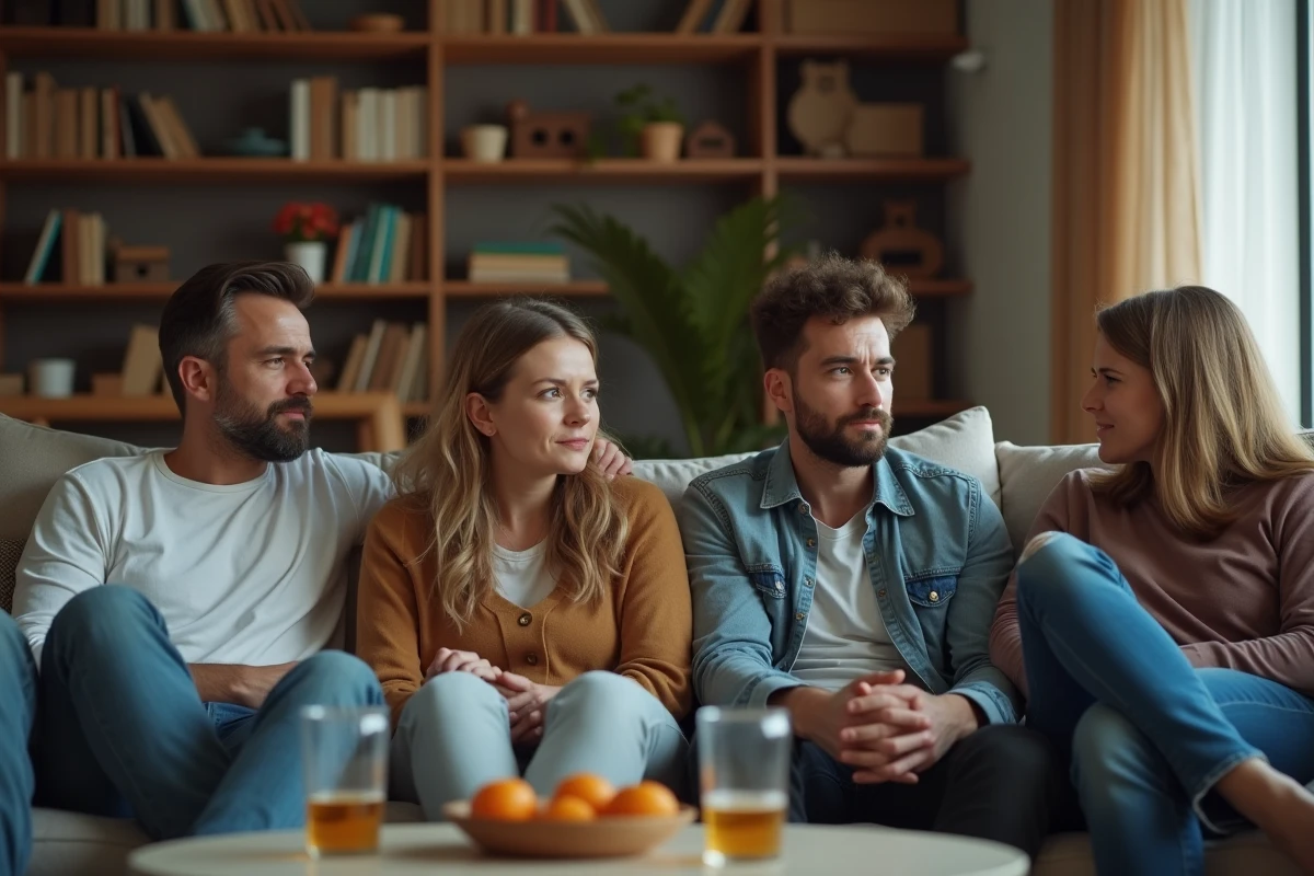 Groupe d'amis dans un salon moderne où règne une atmosphère tendue après une remarque raciste déplacée