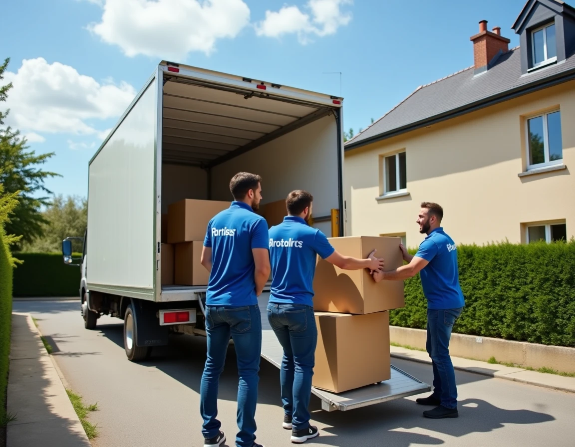 Équipe du Groupe Demenagement.com chargeant des cartons sur le hayon d'un camion devant une maison de banlieue