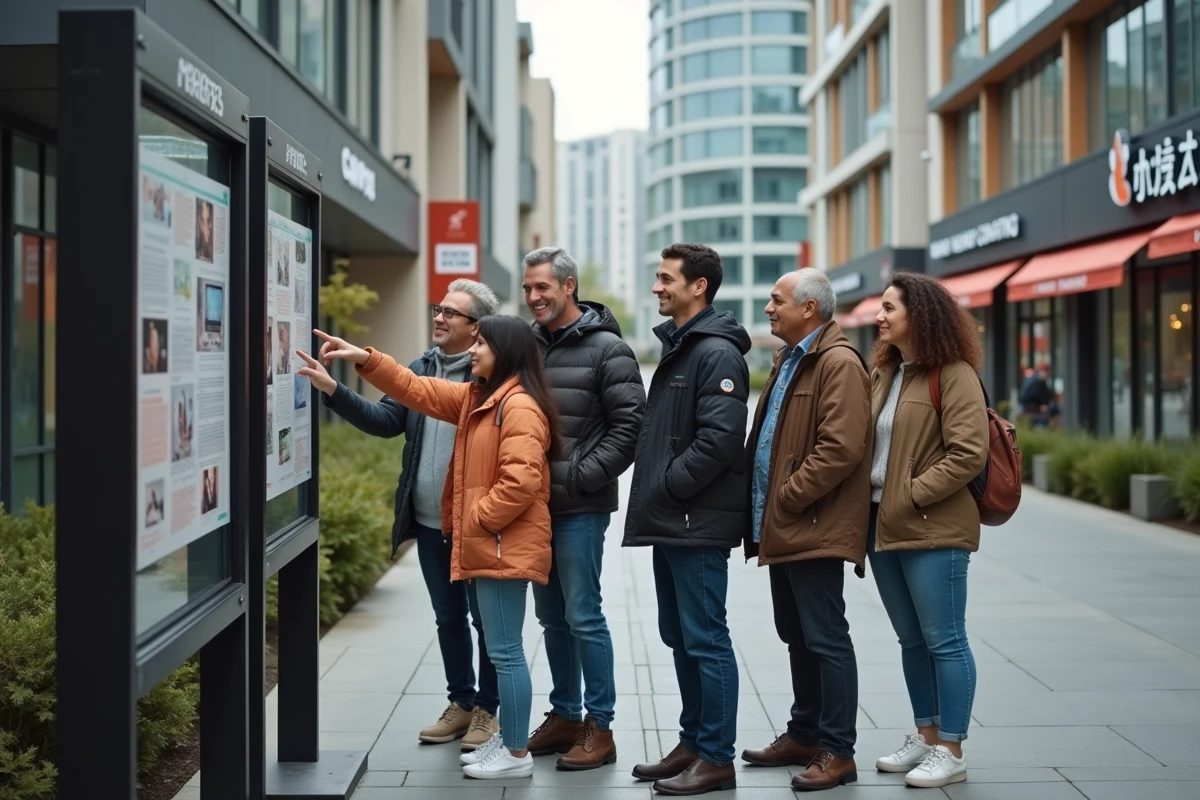 Groupe multiculturel de résidents dans un quartier urbain cosmopolite représentant la diversité des pays d'immigration