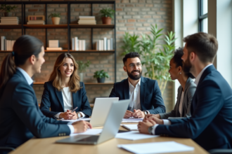 Groupe divers de professionnels en réunion de travail