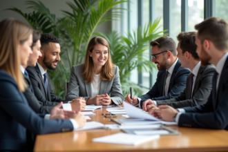 Groupe de professionnels discutant de rapports durables