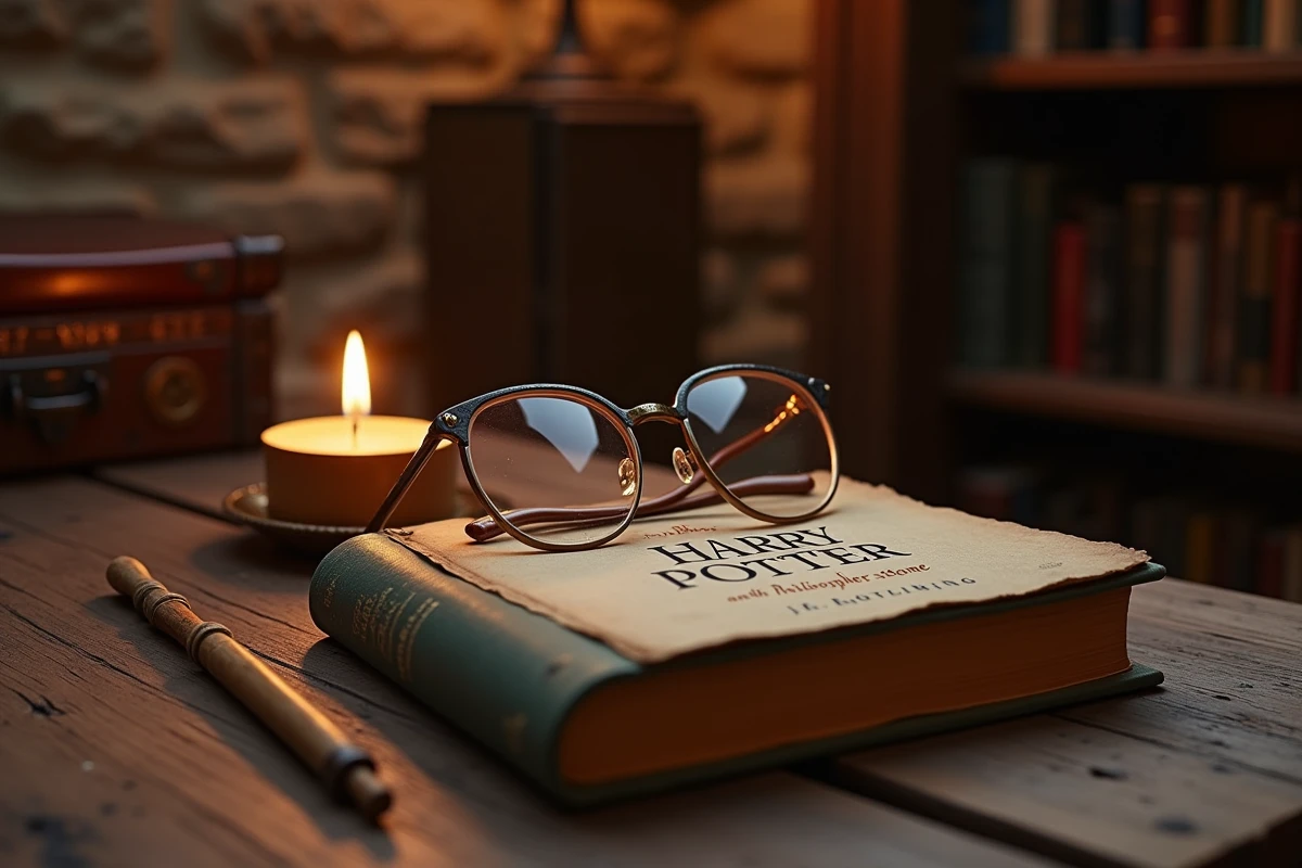 Un exemplaire de Harry Potter à l'école des sorciers posé sur un bureau avec des lunettes rondes et une baguette magique en bois