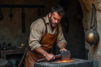 Artisan forgeron musclé frappant du métal en fusion sur une enclume dans une forge en pierre antique, évoquant Héphaïstos dieu grec du feu et de la métallurgie