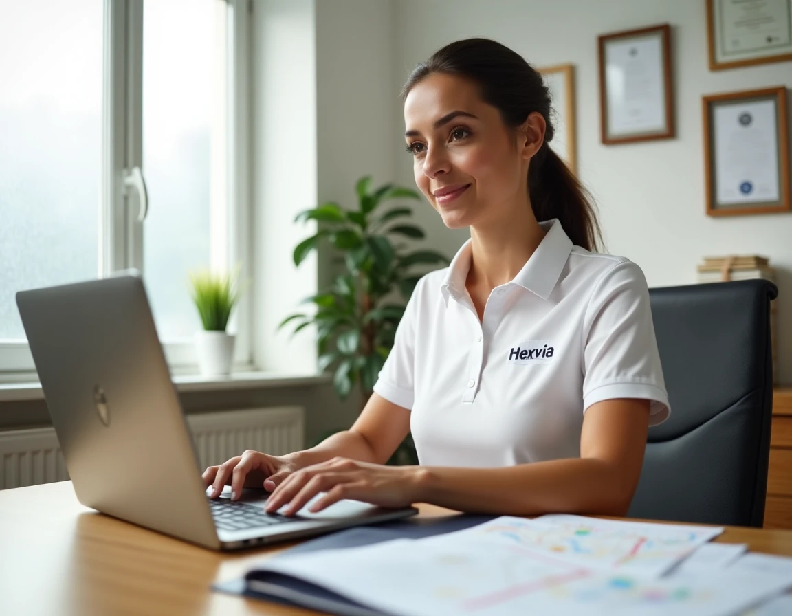 Coordinatrice Hexvia Déménagements gérant un planning de déménagement sur ordinateur dans un bureau organisé