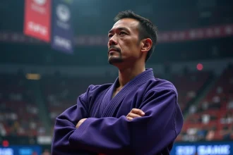 Combattant d'arts martiaux en tenue violette dans une arène de tournoi, illustrant l'arrivée de Hit dans l'univers 7 de Dragon Ball Super