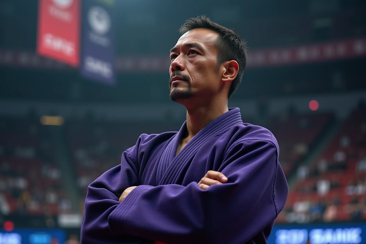 Combattant d'arts martiaux en tenue violette dans une arène de tournoi, illustrant l'arrivée de Hit dans l'univers 7 de Dragon Ball Super