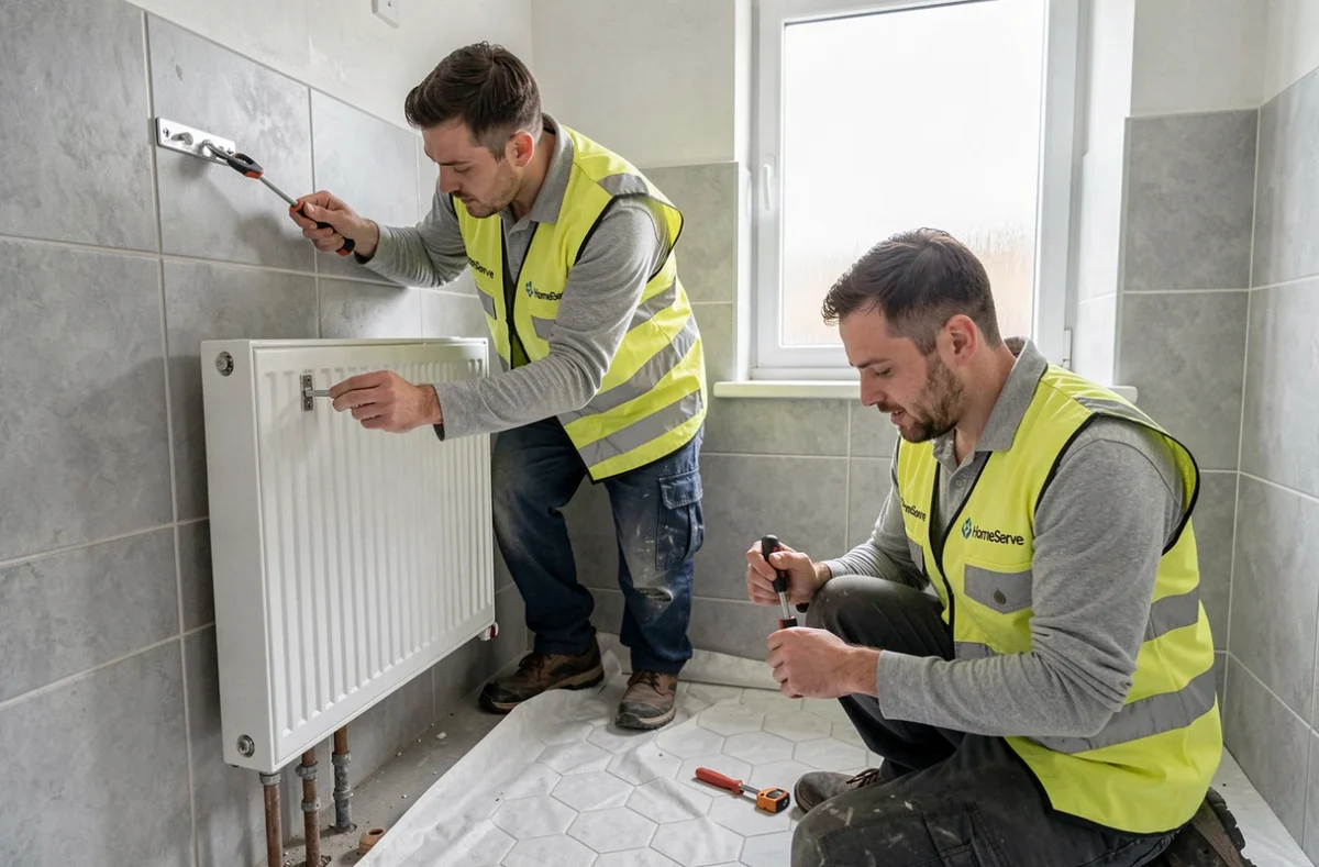 Deux artisans partenaires HomeServe posant un radiateur dans une salle de bain en cours de rénovation en Normandie
