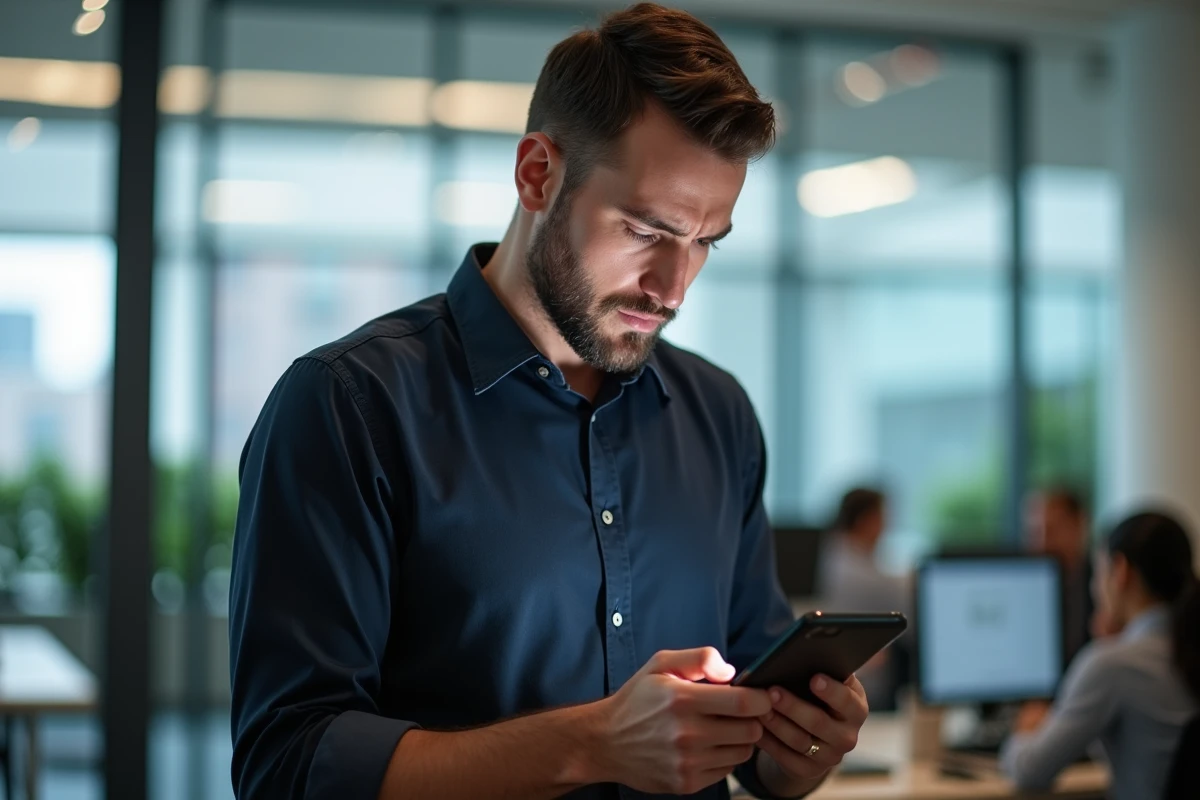 Homme frustré découvrant des frais d'abonnement cachés sur son smartphone au bureau