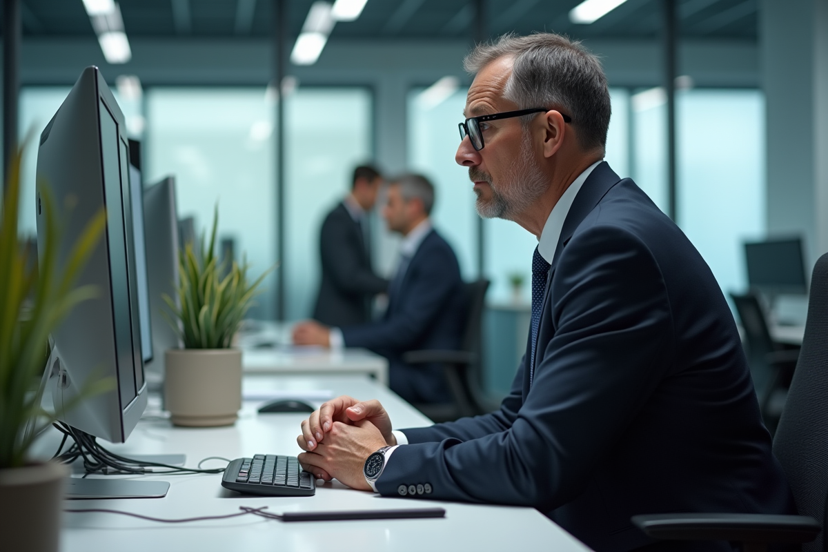 Homme d'affaires en costume dans un bureau moderne pensif