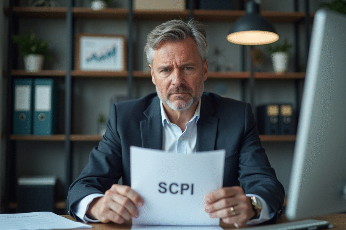 Homme d'affaires analysant un document SCPI dans un bureau moderne