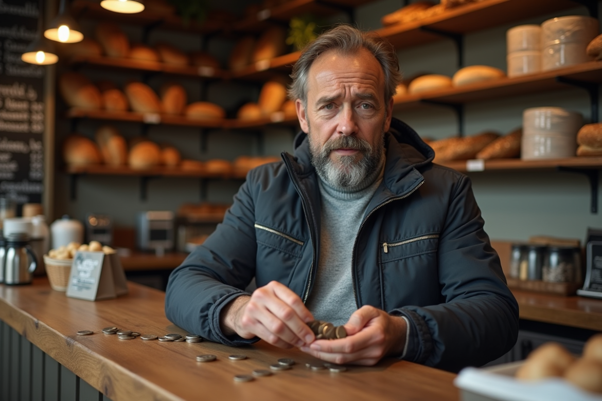 Homme d'âge moyen comptant des pièces dans une boulangerie française