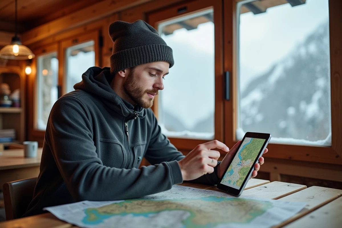 Homme dans un chalet avec tablette et carte topographique