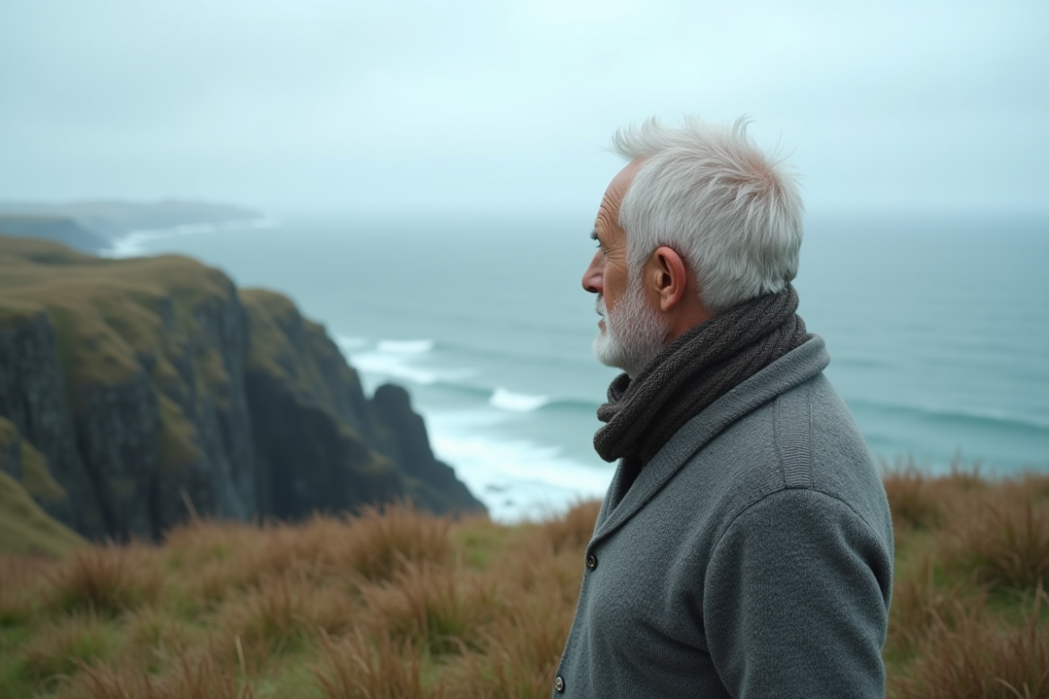Homme âgé regardant l'horizon sur une falaise rocheuse