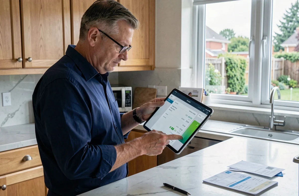 Homme consultant les rubriques de son compte client énergie renouvelable EDF sur une tablette dans une cuisine moderne