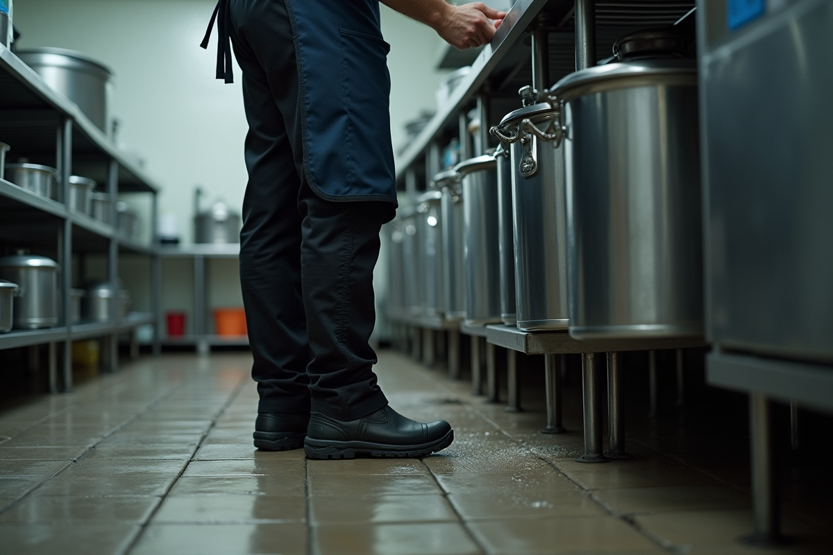 Homme en cuisine lavant de gros pots avec chaussures antidérapantes