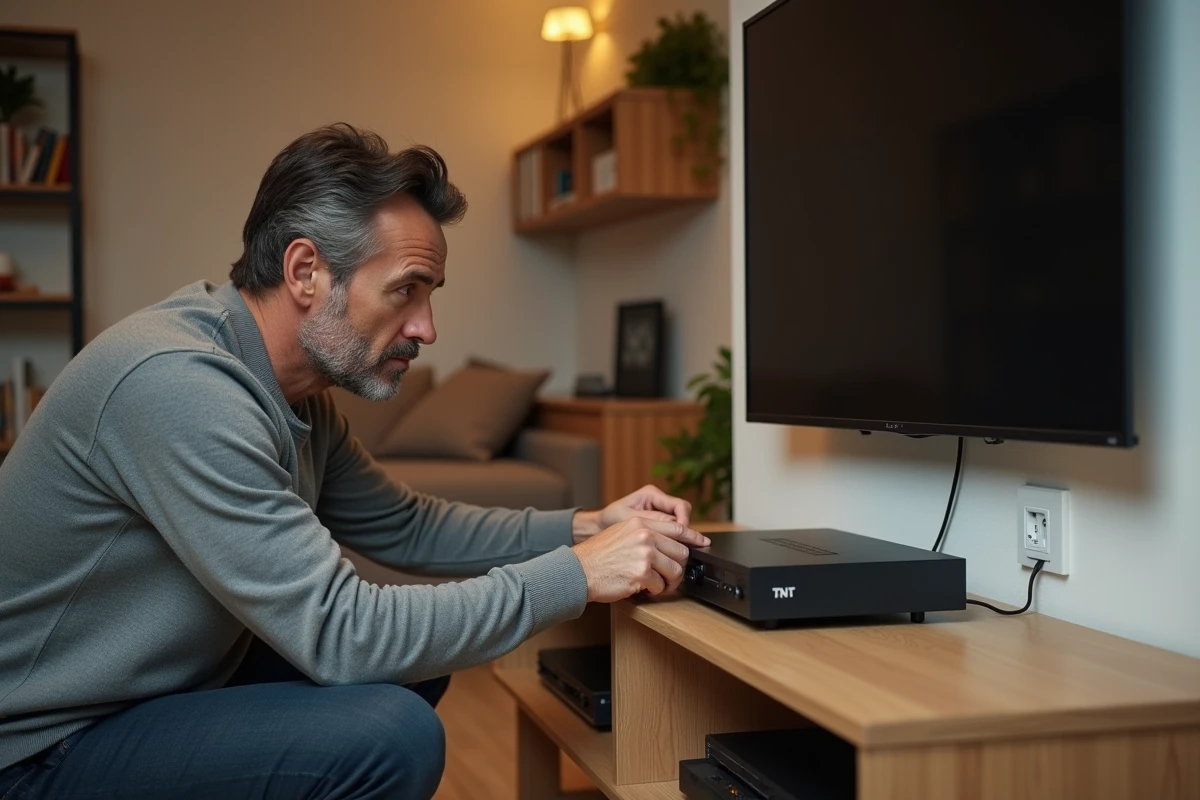 Homme inspectant le câble coaxial d'un décodeur TNT connecté à une télévision murale dans un salon moderne