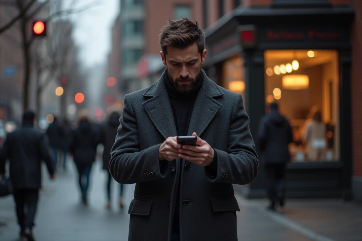 Homme seul dans la rue regardant son téléphone avec une expression troublée, évoquant le doute et la trahison amoureuse