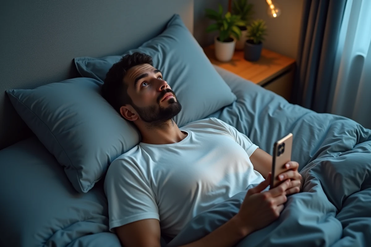 Homme allongé éveillé dans son lit regardant son téléphone affichant 05h55, symbolisant les pensées amoureuses et la signification spirituelle de cette heure miroir