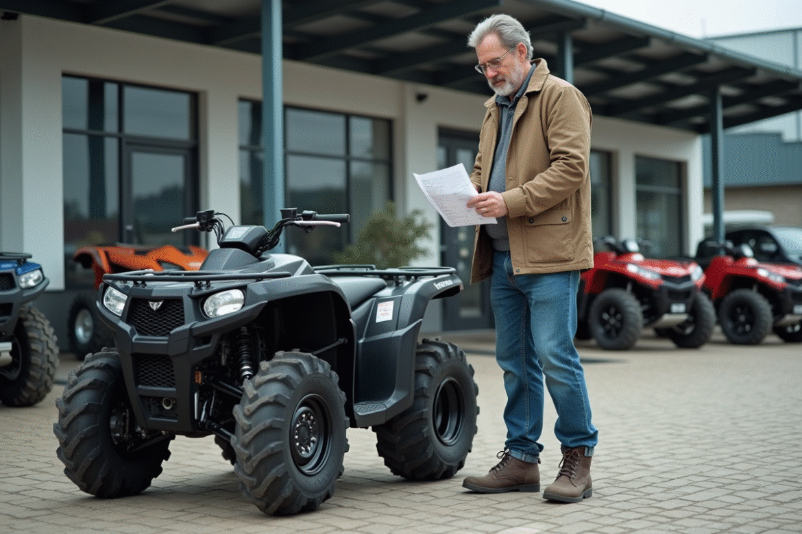 Homme examinant un quad bike en concession