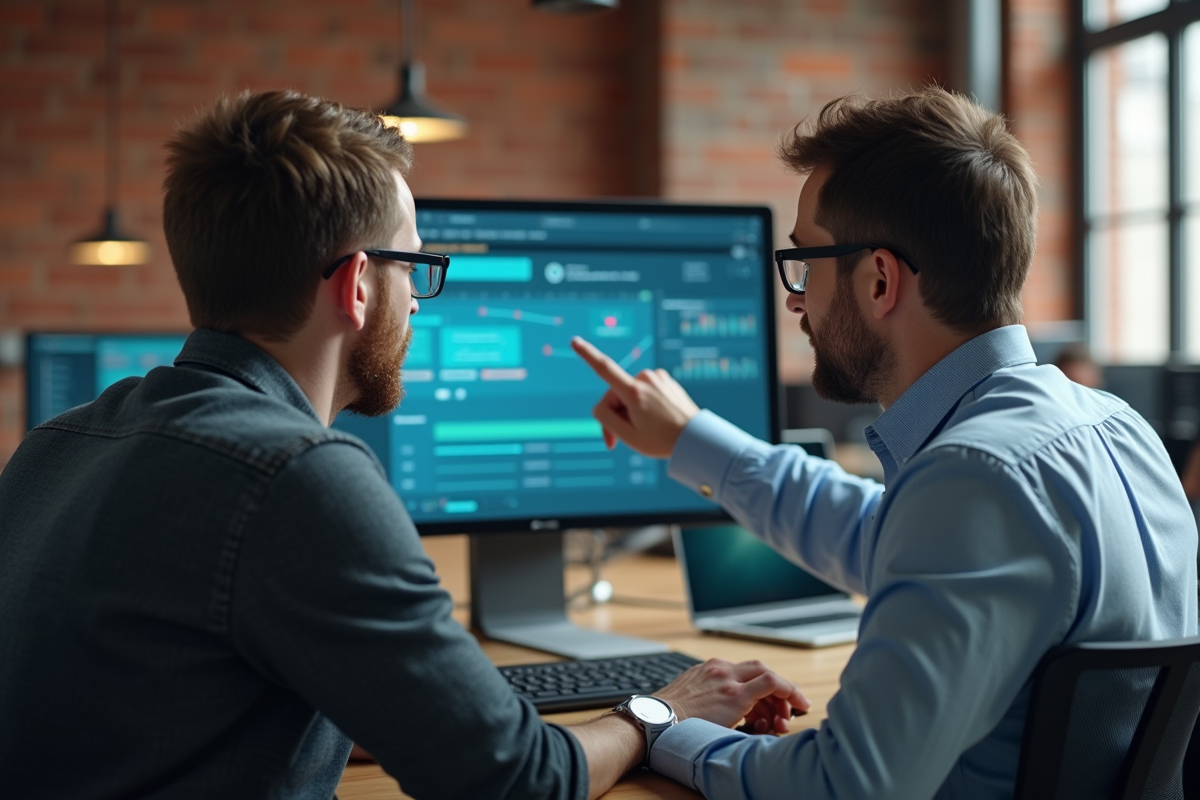 Homme expliquant un tableau de bord à un collègue au coworking