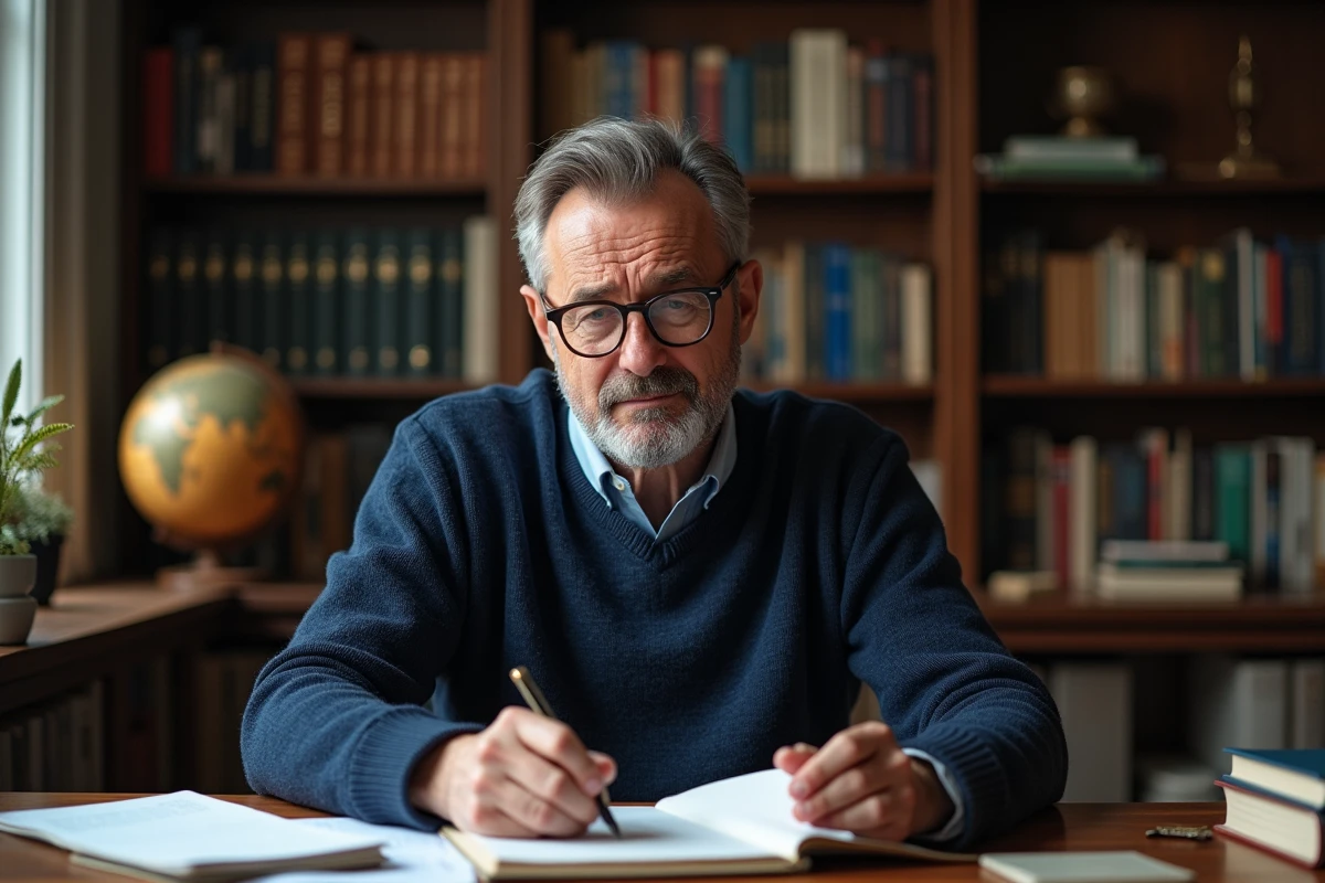 Homme consultant des livres de grammaire française dans son bureau à domicile