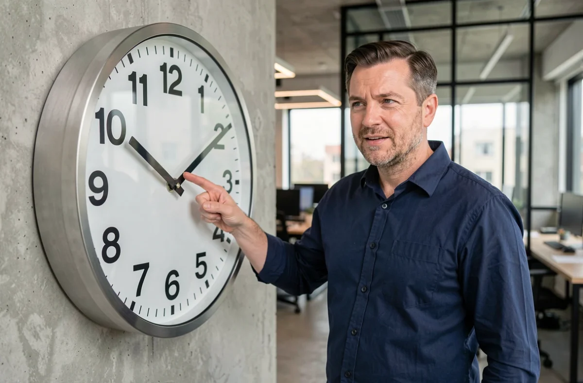 Homme expliquant la différence entre AM et PM devant une grande horloge analogique dans un bureau