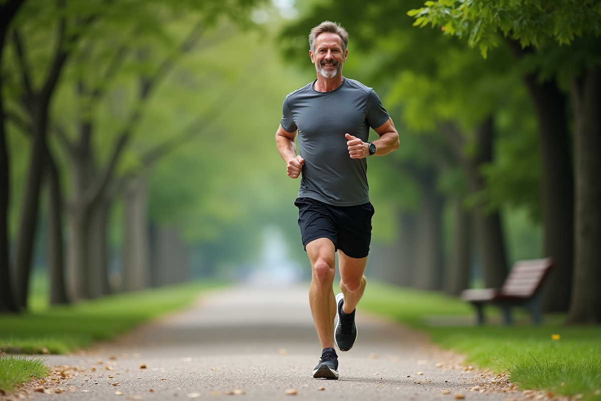 Homme courant dans un parc urbain verdoyant