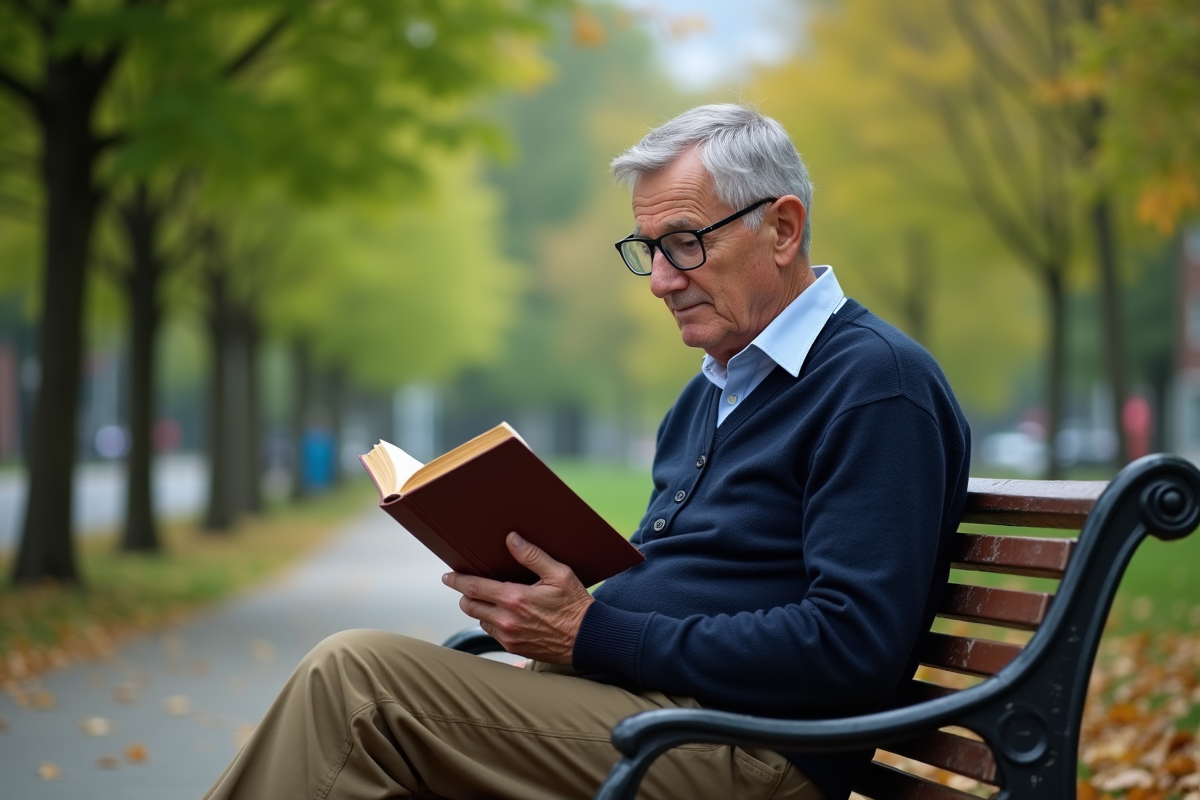 Homme âgé lisant un livre sur un banc dans un parc urbain calme