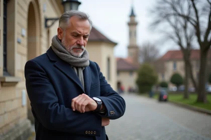 Homme d'âge moyen devant la mosquée à Compiègne regardant sa montre